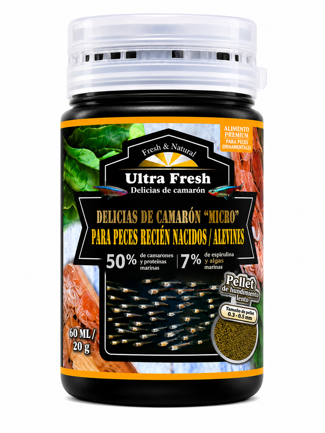ALIMENTO PARA ALEVINES DELICIAS DE CAMARON ULTRA FRESH 20GR